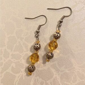 Hand Crafted Yellow and Silver Beaded Dangle Earrings